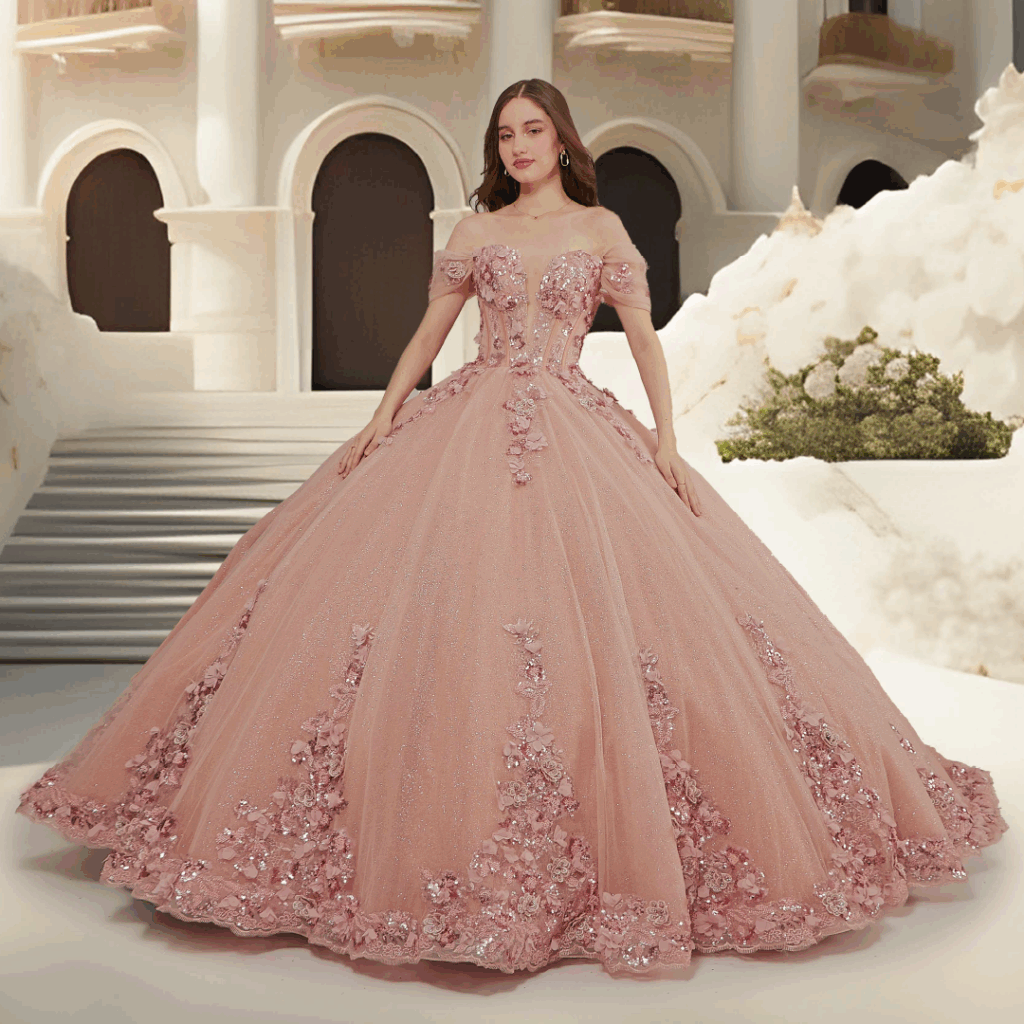 Vestido para XV Color Gold Rose con manga caida
