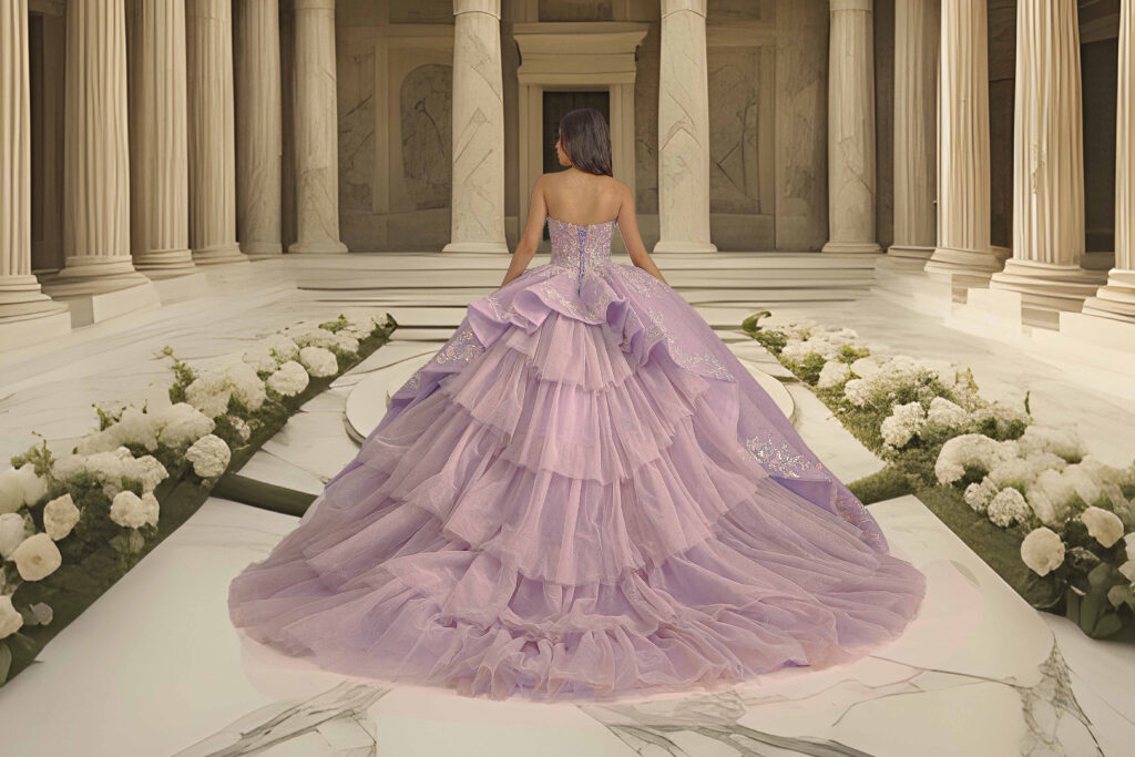 Vestido Lavanda para Quince Años y Aplicaciones en Lentejuela Tornasol