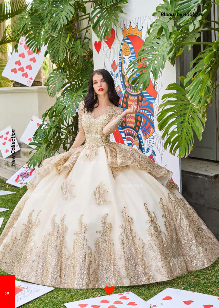 Vestido Dorado Manga Caida para Quinceañera
